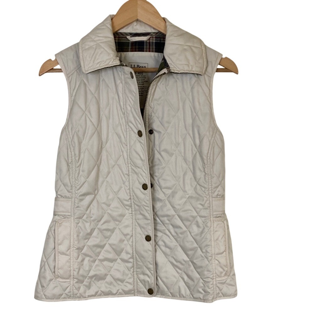 L.L. Bean Womens Off-White Quilted Vest Size XS 284357 Zip Snap Pockets Classic